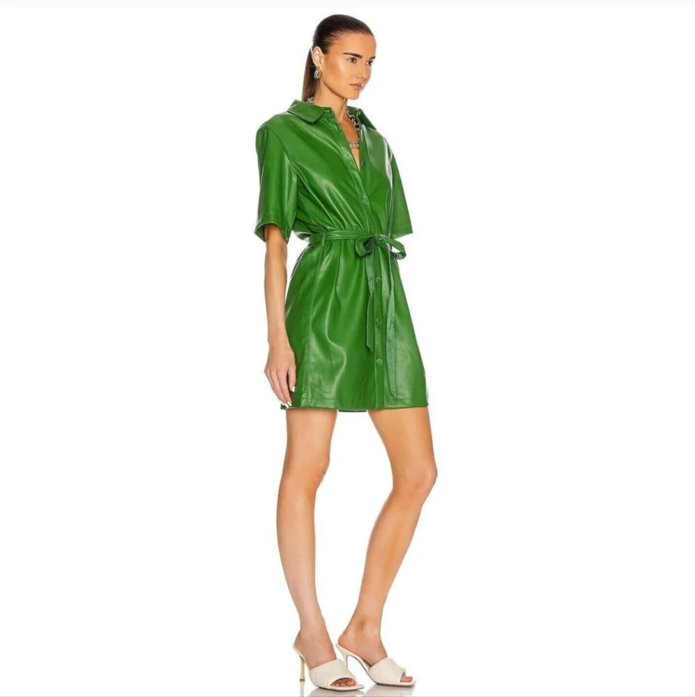 STAUD Dress Womens XS Blaze Belted Faux Leather Green Mini Shirt Dress Dopamine - Picture 4 of 9